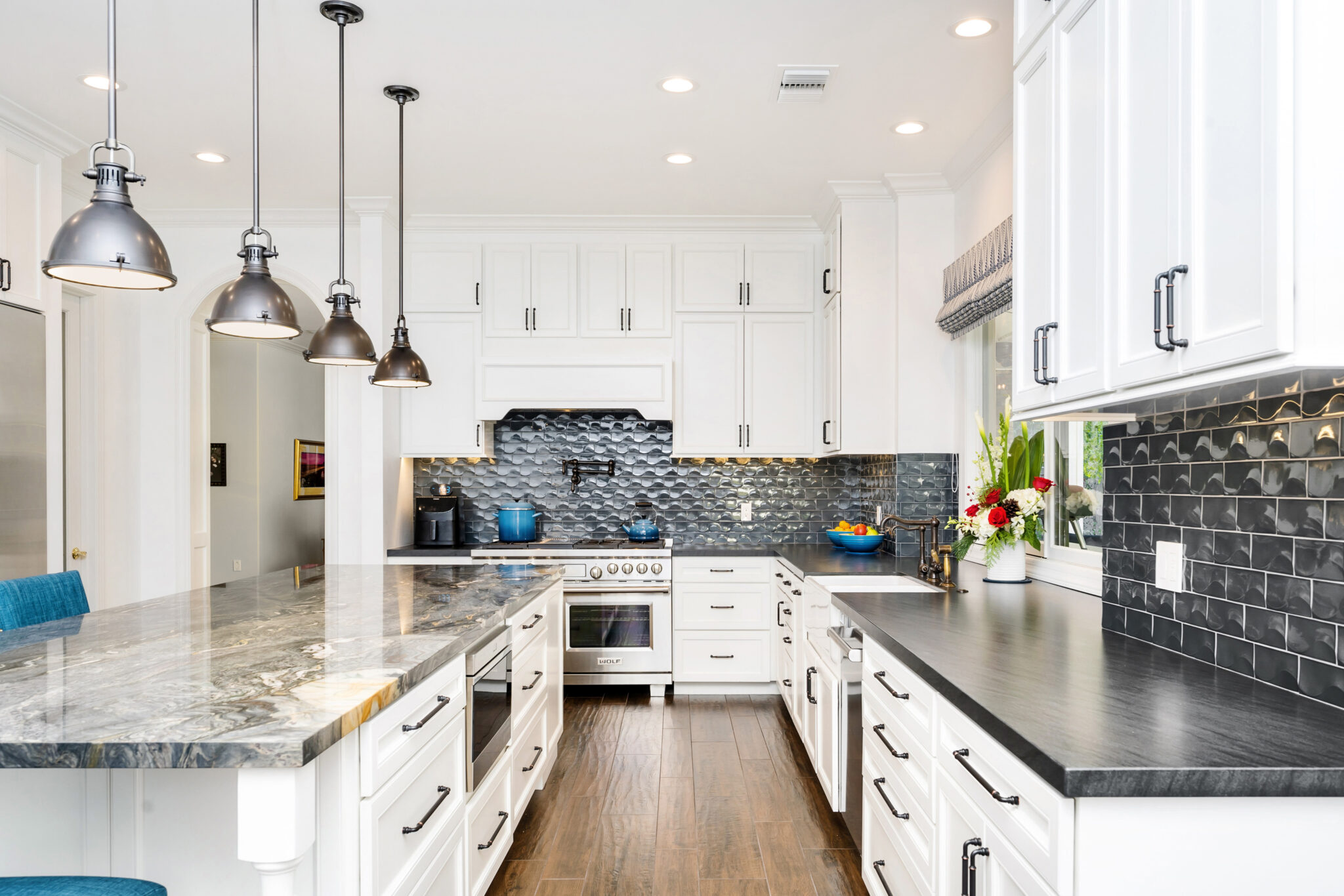 An interior shot of the kitchen of a luxury home in Calabasas, California.